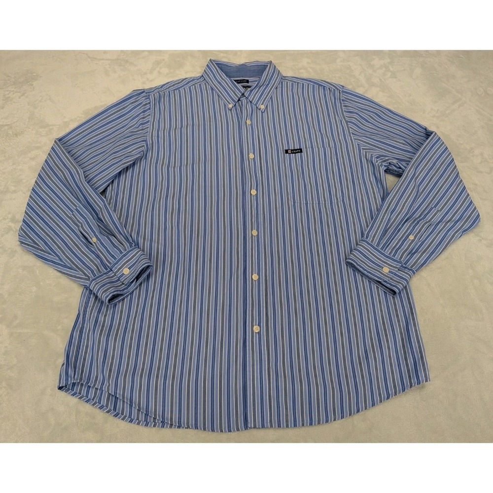 Chaps Easy Care Men's Large Shirt Button-Down Front Blue Striped Work Wear